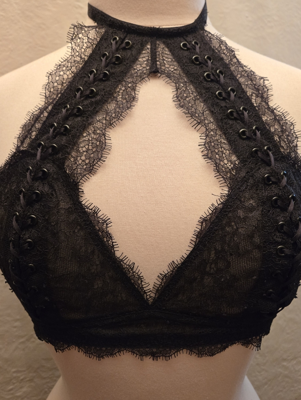 Victoria’s Secret Black Lace Halter Bralette Corset Lace-Up Goth Lingerie